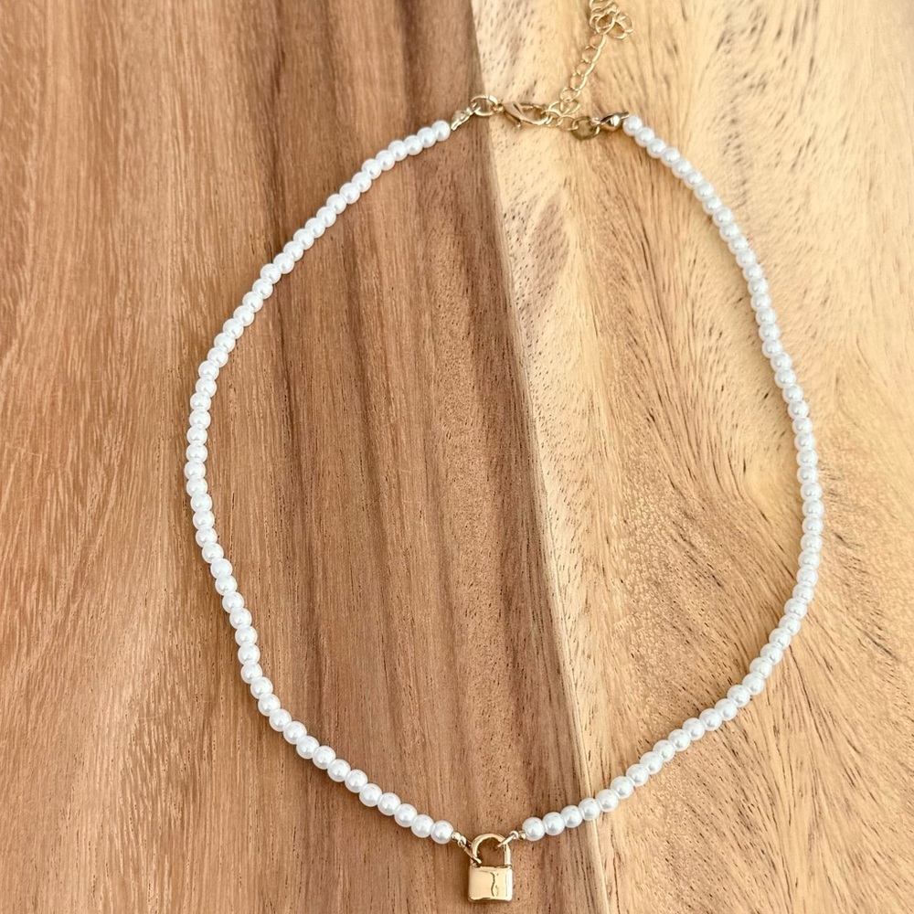 White Pearl Necklace with Gold Lock Pendant